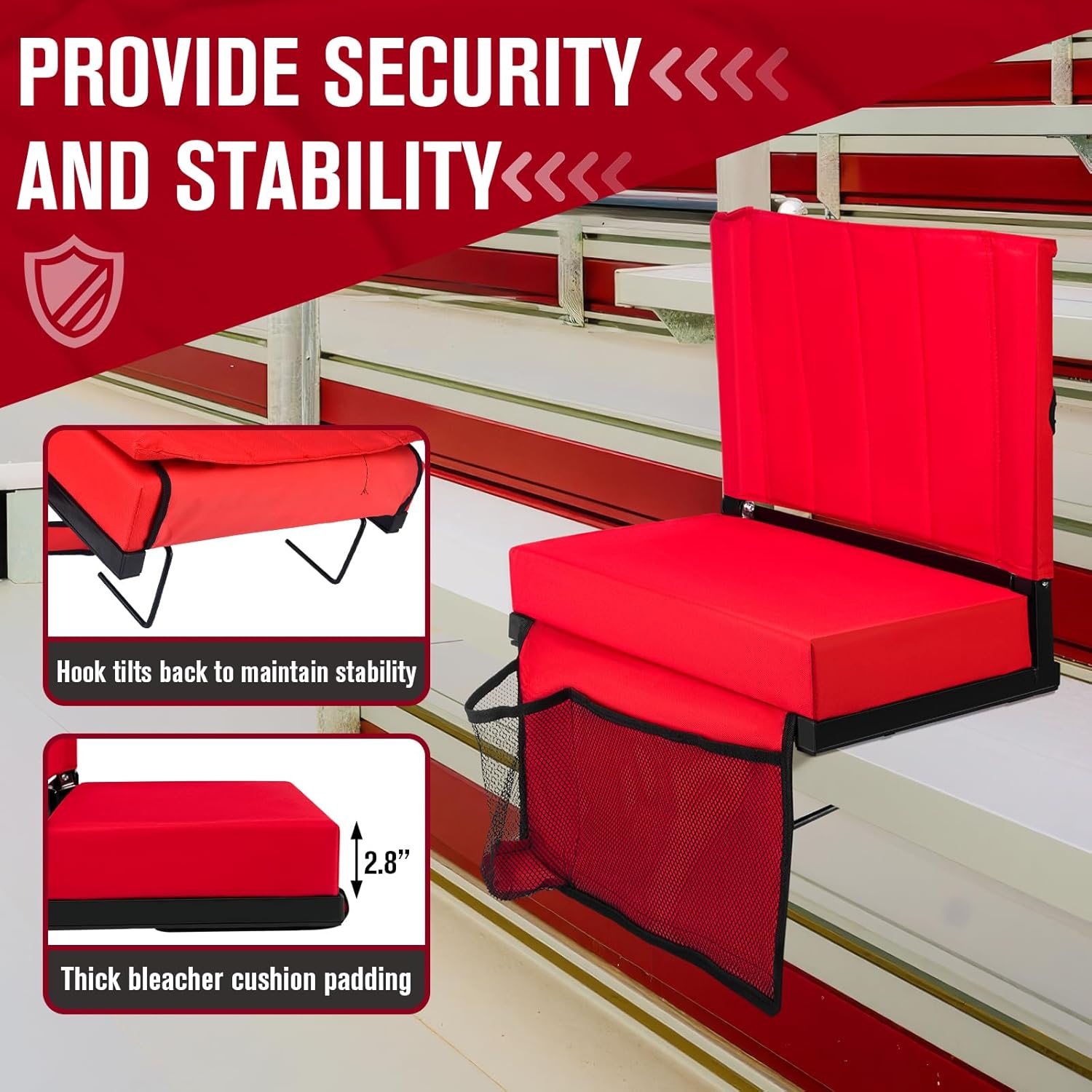 Stadium Seats with Back Support, Bleacher Chairs with Back and Cushion, Stadium Chair with Thick Padded Cushion, Shoulder Strap and Side Pocket - Portable Bleacher Seat for Sports Events