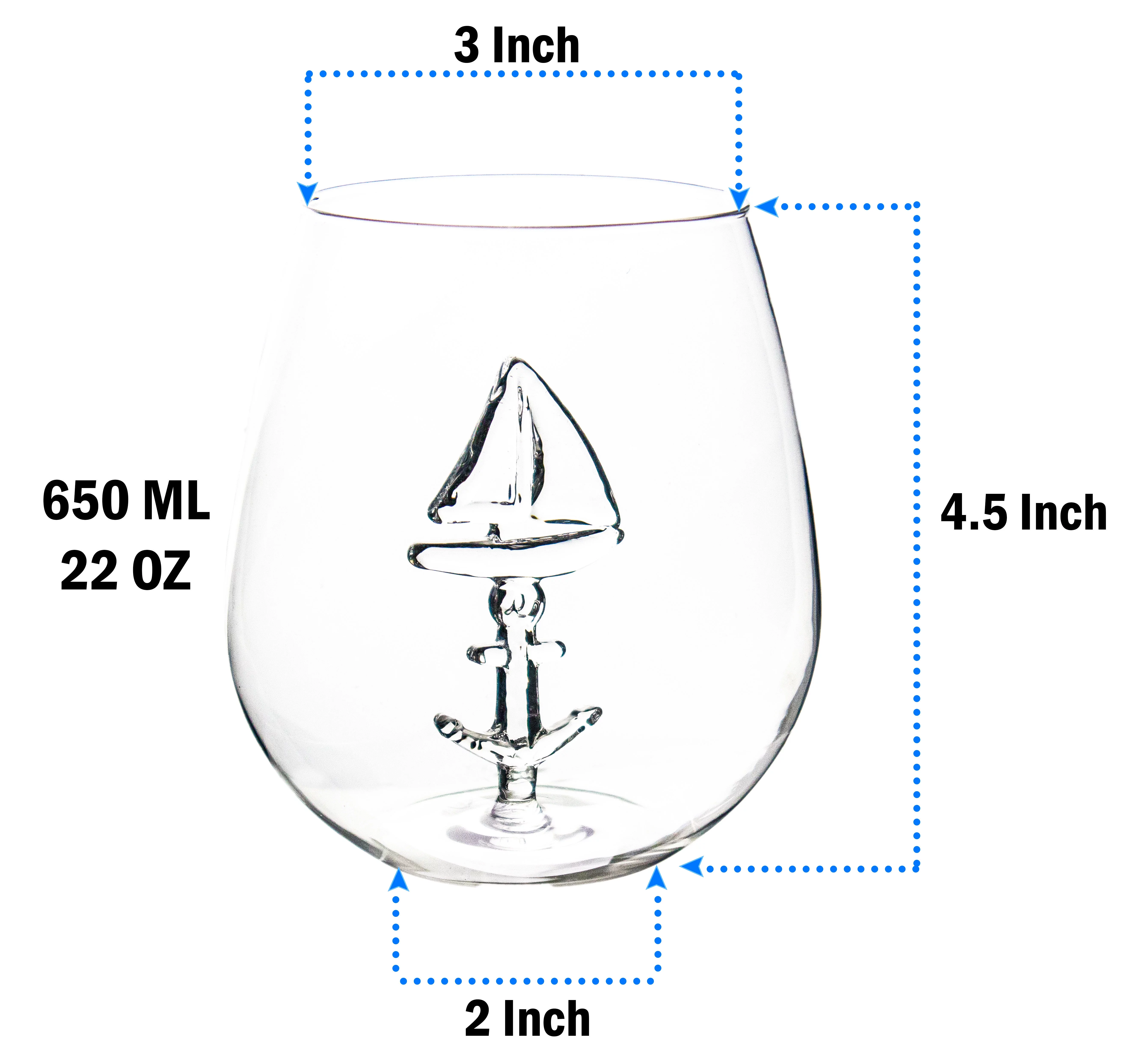 Sail Boat Wine Glass with 3D Sailboat and Nautical Anchor Design - 2 PC SET 650ml Large Stemless - Unique Sea-Themed Wine Stemware for Drinking Wine, Boating, and Sailing