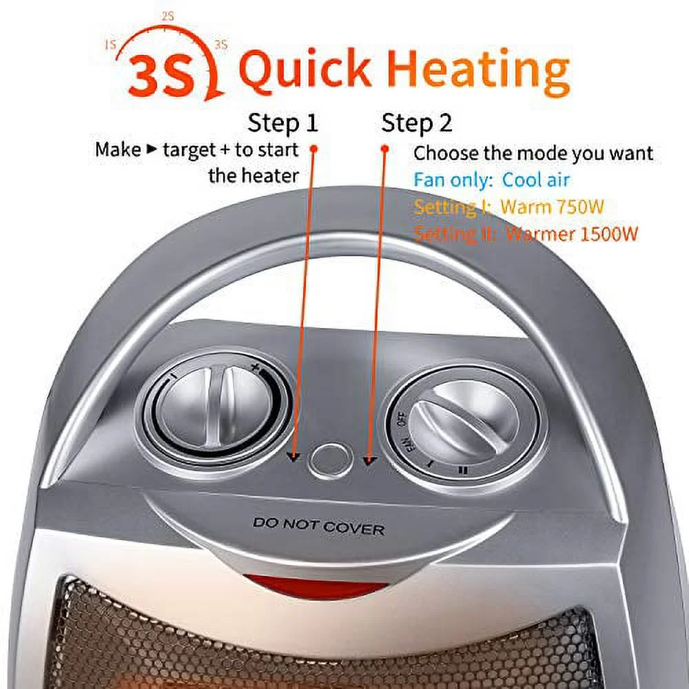 Portable Electric Space Heater 1500W/750W, Ceramic Room Heater with Tip Over and Overheat Protection, 200 Square Feet Fast Heating for Indoor Office Desk Home, ETL Certified, Sliver