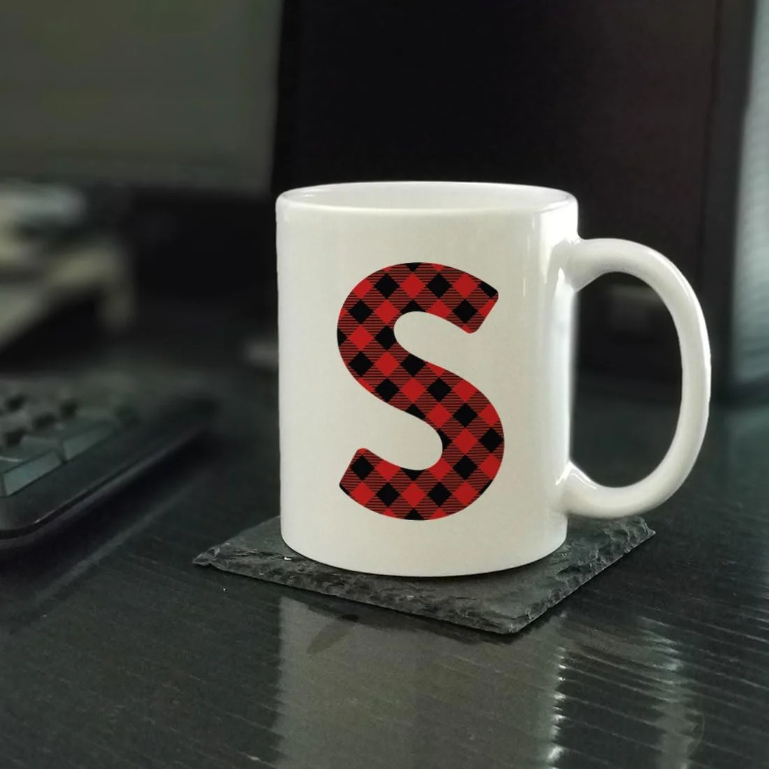Hot Chocolate Coffee Mug Gift, Buffalo Lumberjack Red Plaid Initial Letter S, 1-Pack, Includes Gift Box, Christmas Holiday Present Ideas