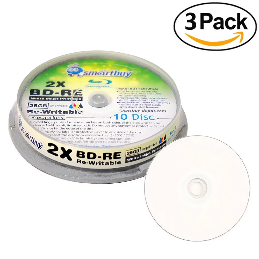 30 Pack Smartbuy 2x 25GB Blue Blu-ray BD-RE Rewritable White Inkjet Hub Printable Blank Bluray Disc