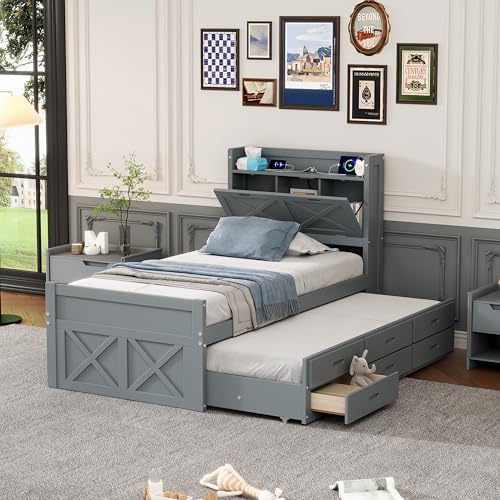 Harper & Bright Designs Twin Size Captain Platform Bed with Bookcase Headboard, Wood Twin Bed Frame with Storage Drawers and Shelves, for Kids Teens Adults - White