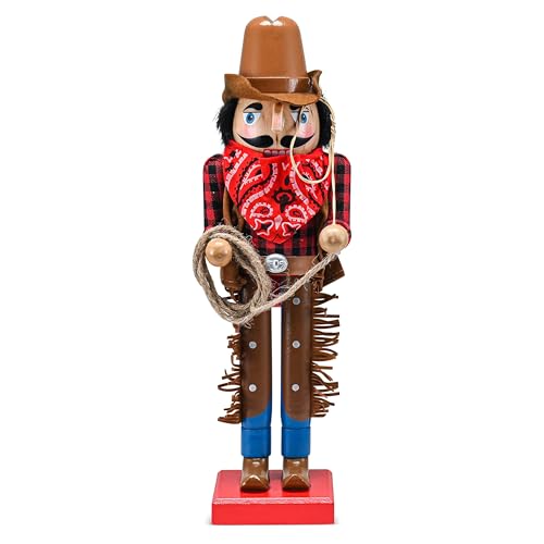 Ornativity Christmas Western Cowboy Nutcracker – Brown and Red Wooden Nutcrackers Cow Boy with a Rope and Lasso Xmas Themed Holiday Nut Cracker Doll Figure Decorations 14