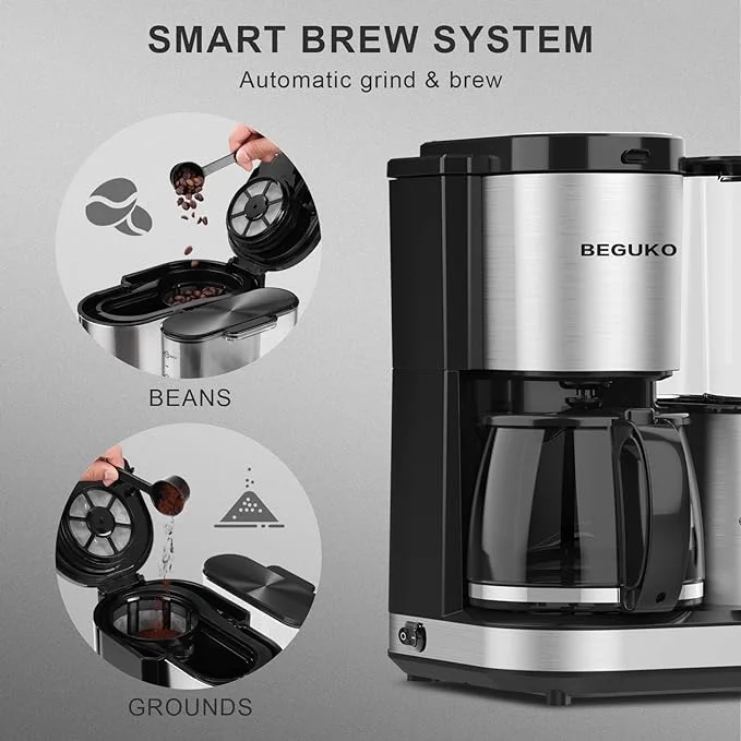 Pre-Owned BEGUKO Coffee Maker Grinder 10 Cups Brew Removable reservoir CF003 - Silver (Fair)