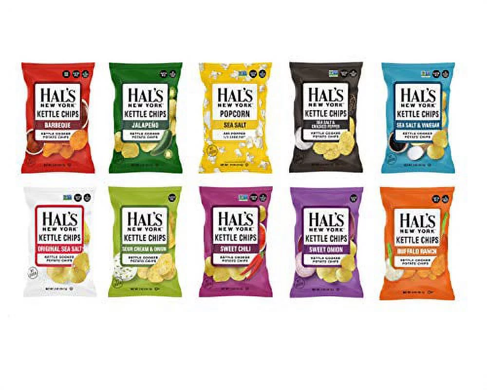 Hal's New York Kettle Cooked Potato Chips, Gluten Free, 10 Flavor Variety Pack, 2 oz (Pack of 30)