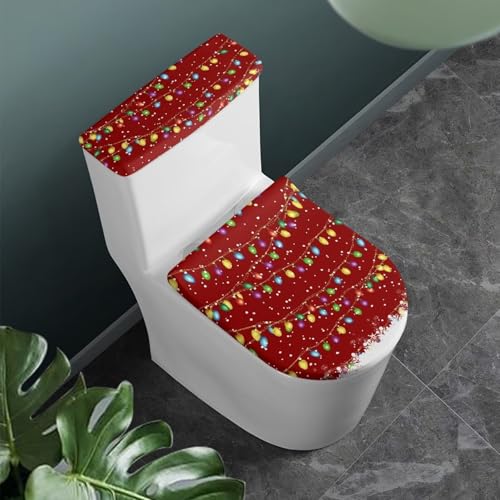 Christmas Bow Bell Toilet Tank Lid Cover and Toilet Seat Lid Cover 2 Pcs Set Toilets Covers with Elastic Cloth Fits Most Toilets Tanks & Lids