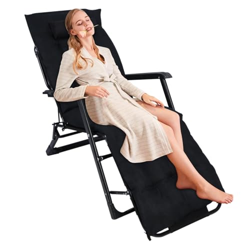 Folding Lounge Chair, Oversized Adults Camping Cot with Detachable Pillow, 3+2 Position Patio Adjustable Patio Reclining Chaise, Portable Sleeping Cot Bed for Bedroom, Pool, Beach Black