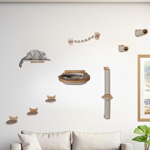 Cat Wall Shelves & Furniture Set (9 Pieces)-Durable Rubber Wood & Non-Slip Carpet, Includes Washable Hammock, Shelf, Climbing Scratcher, Ladder, Wall Steps, and Sisal Steps for Large Cats