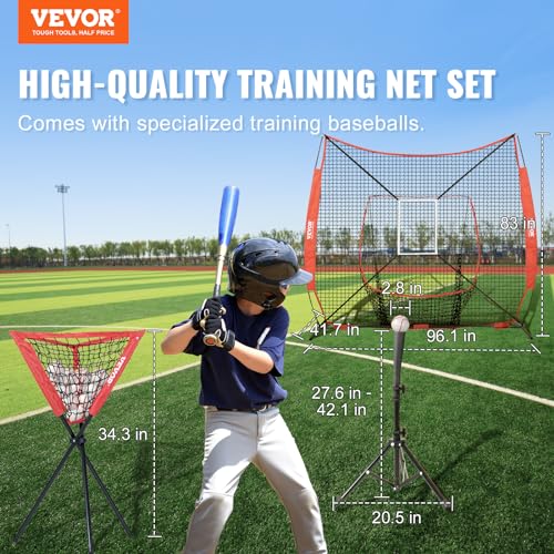 VEVOR Softball Practice Net, Portable Baseball Training Net for Hitting, Batting, Catching, Pitching - Backstop Equipment with Bow Frame, Carry Bag, Strike Zone, Batting Tee