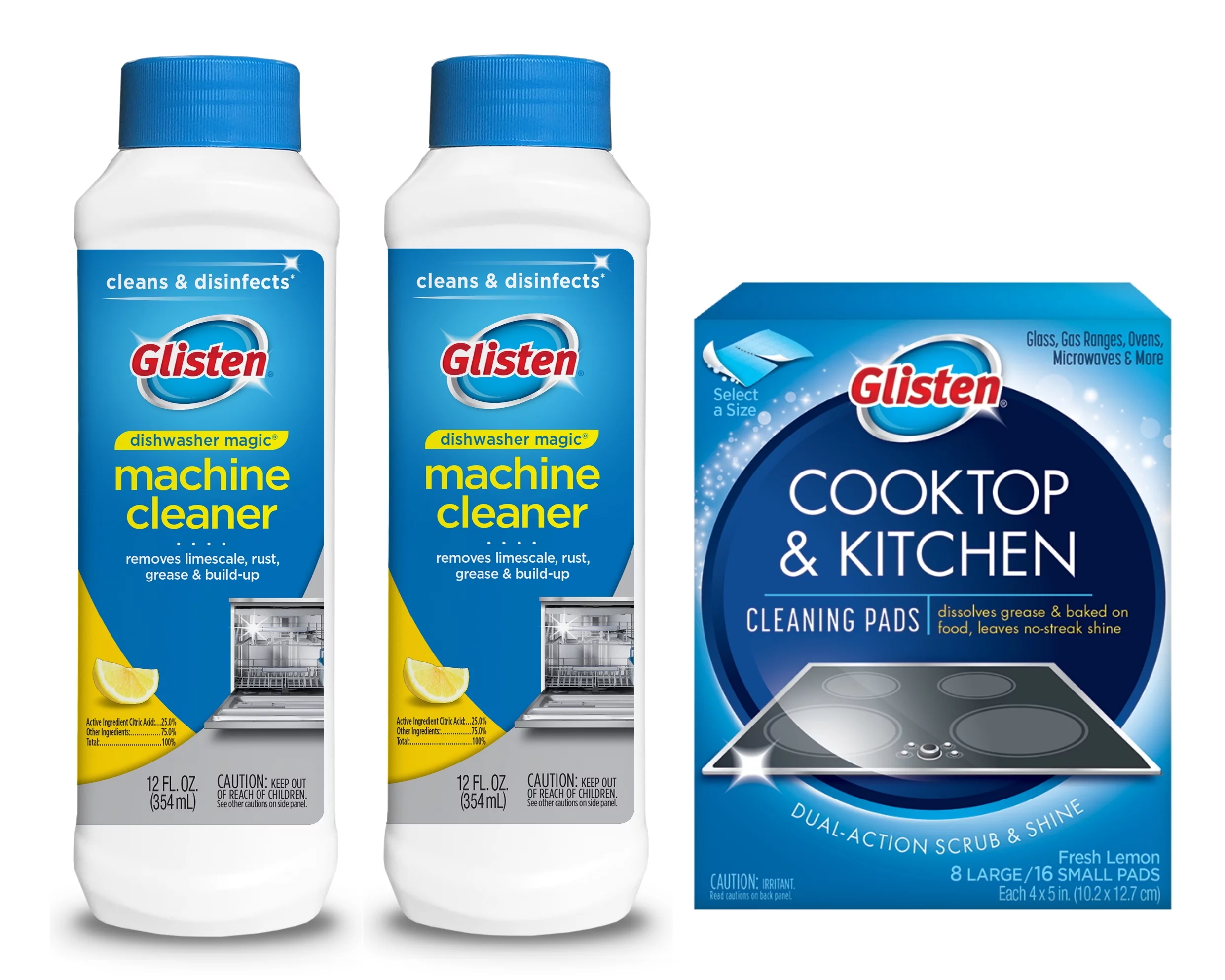 Glisten Dishwasher Magic Machine Cleaner & Disinfectant 2-Pack and Cooktop & Kitchen Cleaning Pads