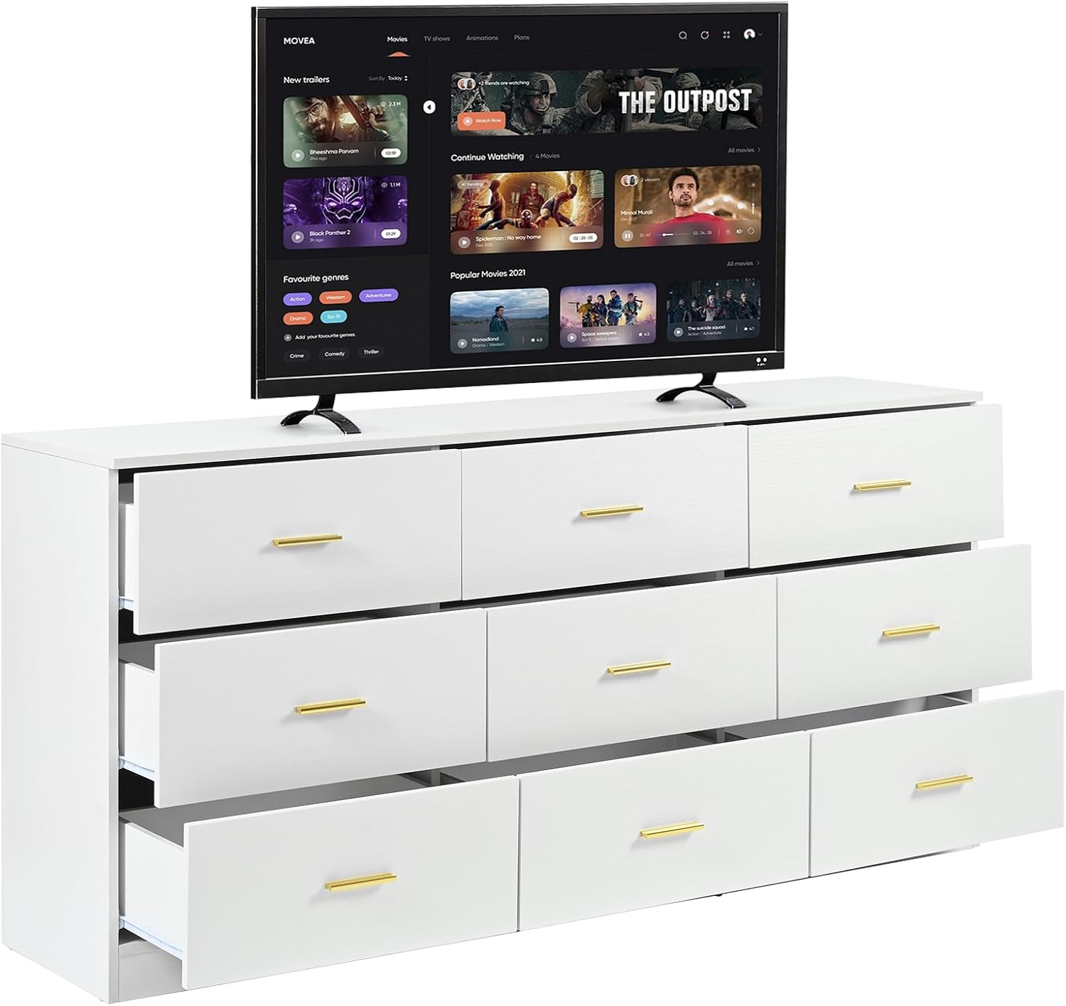 White Dresser for Bedroom with 9 Drawers, Long TV Stand, Modern Chest of Deep Cabinets and Wooden Top, Perfect for Living Room Storage, 63