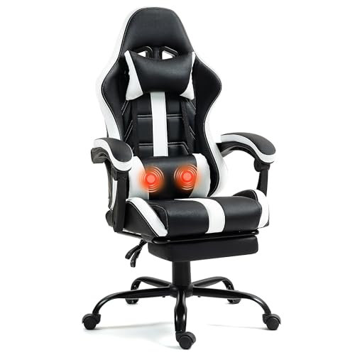 Massage Gaming Chair w/Footrest, Ergonomic High Back PC Chair w/Headrest and Lumbar, PU Swivel Home Desk Office Chair, Black