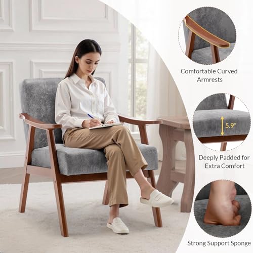 Rovibek Upholstered Accent Chair with Arms - Mid Century Modern Accent Chairs with Wood Frame, Upholstered Arm Chairs with 5.9in Thick Foam, Beige Occasional Chair, Set of 2