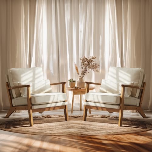 VINGLI Solid Wood Wide Armrests Accent Chair,Upholstered Mid Century Modern Chair with Pillow,Comfy Reading Chair Farmhouse Arm Chair,Chairs Living Room,Bedroom,Guest Room,Linen Fabric,Beige