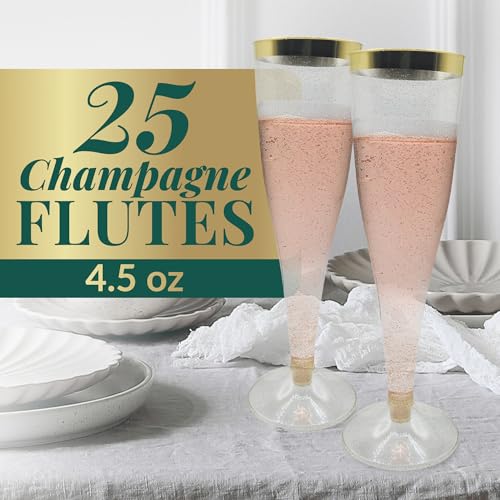 Reli. Champagne Flutes Plastic | 25 Pack | 4.5 oz - Gold Rim & Glitter | Premium Plastic Champagne Flutes | Party-Perfect for Celebrations