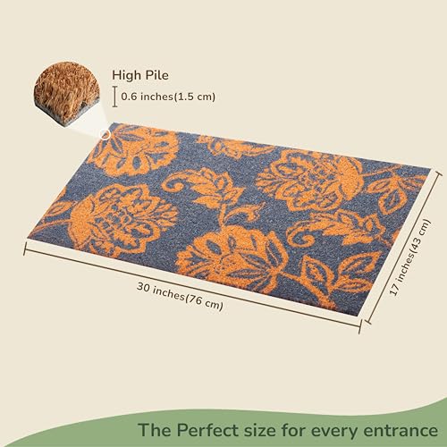 Coir Door Mat, Floral Print Entryway Floor Mats with Non-Slip PVC Backing, Indoor Outdoor Mat for Front Door Decor, Spring Door Mat, Welcome Mats with Chelsea Flower Print, Blue, 30”x 17”