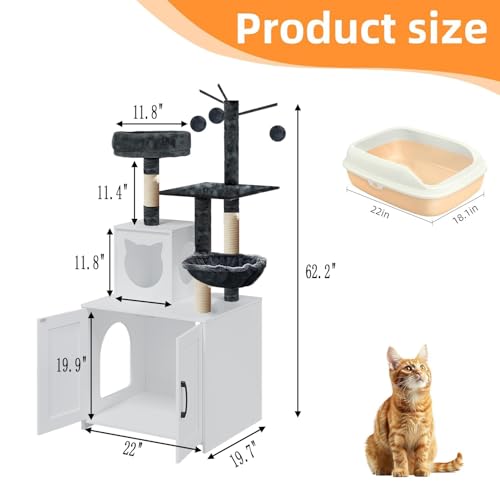 Cat Tree with Litter Box, Wood Litter Box Enclosure with Food Station, Modern Cat Tower for Indoor Large Cats with Large Platform,Cat Condo with Scratching Posts, Hammock, Caves, Basket,Grey
