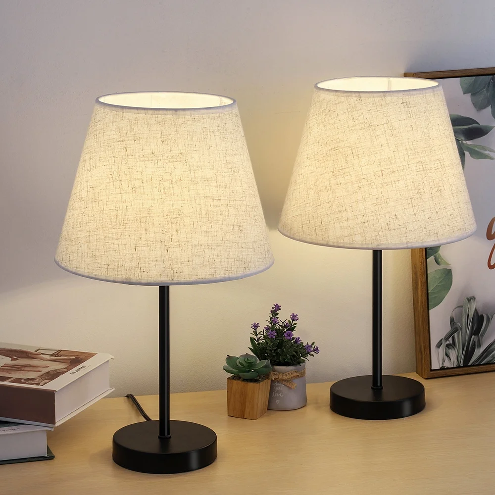 Set of 2 Haitral Modern Black Metal Bedside Lamp with White Linen Shade