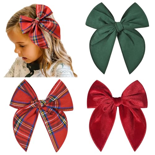 DEEKA Large Christmas Fable Hair Bows 3 PCS Red and Green Velvet Bows Plaid Checkered Hair Bow Clips for Toddler Girls Fabric Christmas Hair Accessories for Little Girls Kids