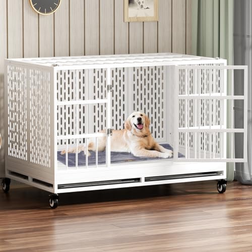 48 Inch Heavy Duty Dog Crate with Wheels, Folding Metal Big Dog Cage for Large and Medium Dogs, Extra Large XL XXL Indestructible Dog Crate with Removable Tray.