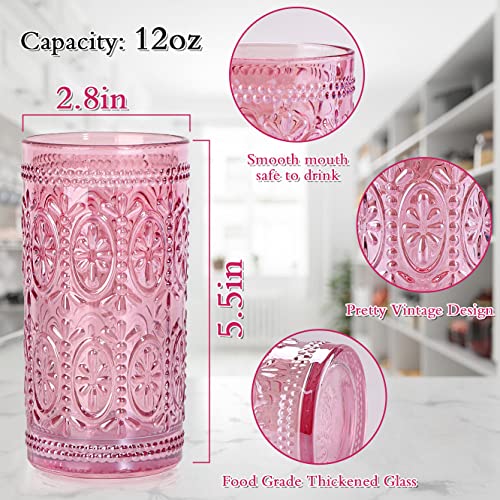 6 Pack Pink Glassware Drinking, 12oz Highball Embossed Beverage Glass Cup, Vintage Drinking Glasses, Colored Water Glasses for Party Wedding Home Office and Gift