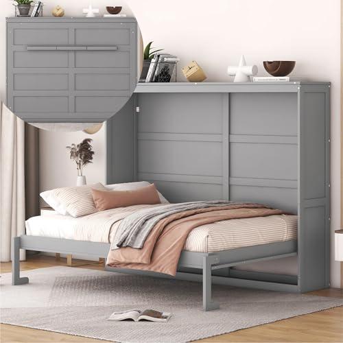 Merax Modern Farmhouse Solid Wood Murphy Cabinet Bed, No Box Spring Needed/Easy Assemble/Queen,Gray