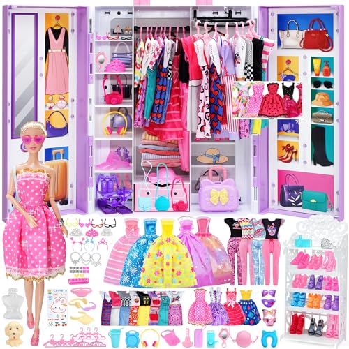 Doll Clothes and Accessories with Doll, Princess Gowns, Fashion Dresses, Jumpsuit,Slip Dresses, Hangers, Shoes, Dress up Toys for Girls Kids Toddlers Toy Birthday Gifts for Girls Age 3 4 5 6 7 8