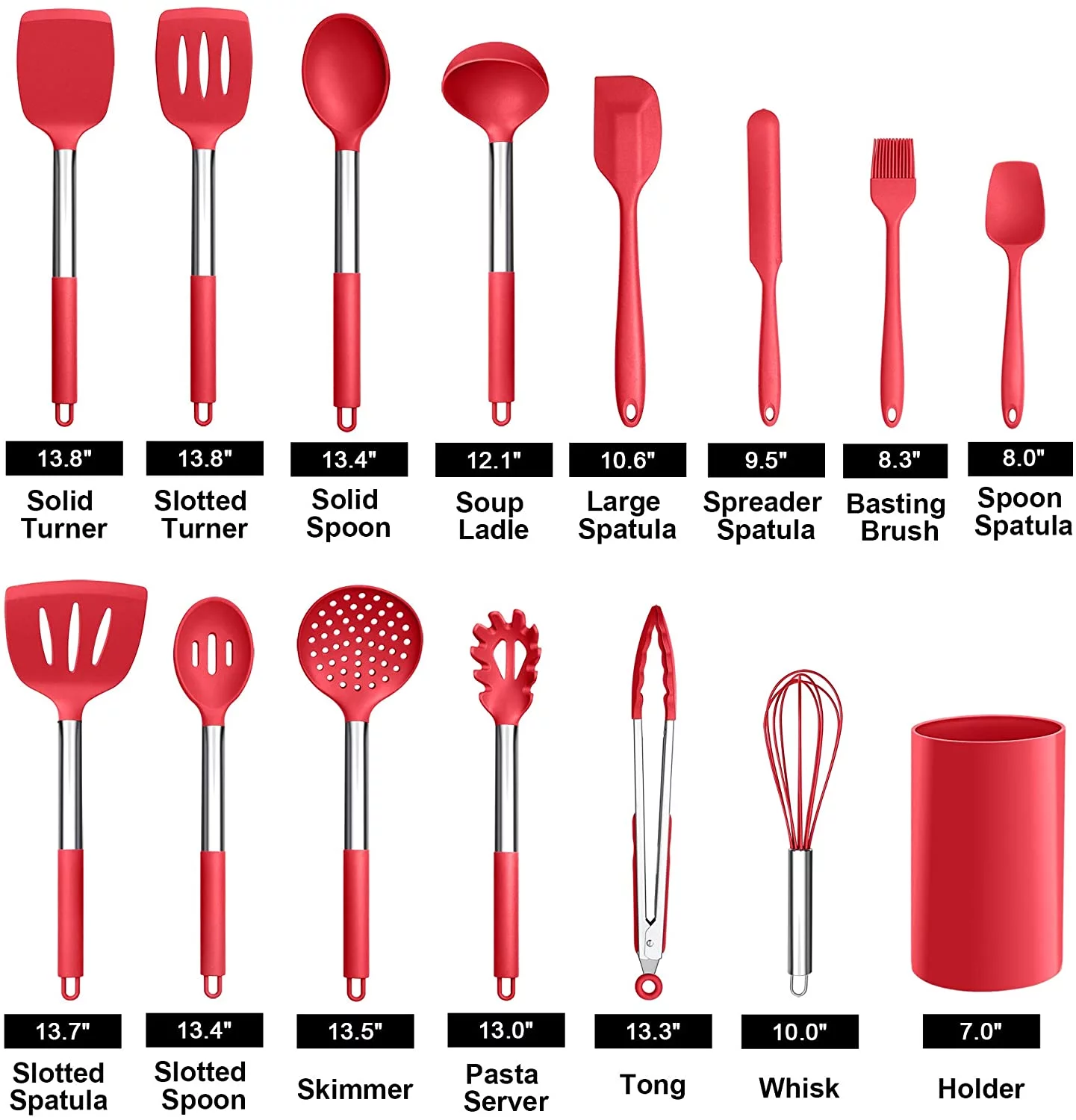 15pcs Silicone Cooking Utensil Set,Non-stick Heat Resistant Stainless Steel Handle,Red