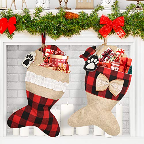 Mocoosy 2 Pack Pet Cat Christmas Stockings, 19 Inch Burlap Red Black Buffalo Plaid Xmas Stockings, Large Decorative Stockings Xmas Fireplace Christmas Tree Hanging Decorations Holiday Party Decor