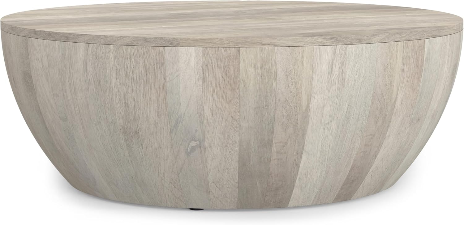 SIMPLIHOME Elmbrook Drum Coffee Table, 34 inch, White Wash