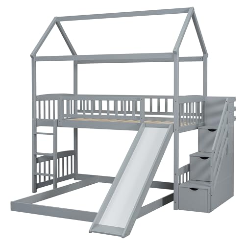 Twin Over Full House Bunk Bed with Stairs and Slide, Modern Bunk Bed Frame with Full-Length & Guard Rail, No Box Spring Needed, Gray
