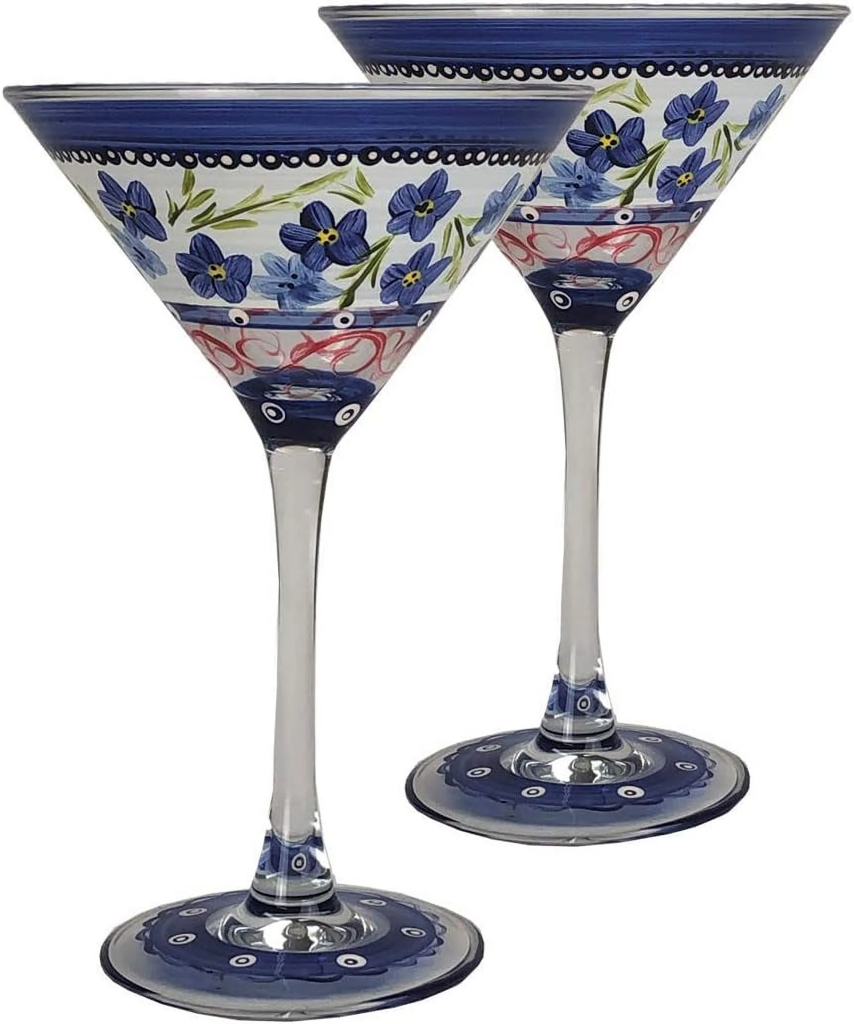 Hand Painted Martini Glasses Set Of 2 - Barcelona Blue Flower Collection - - Hand Painted Glassware By Artists - Unique Martini Glasses - Ideal Table & Home Décor