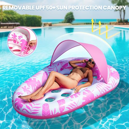 Inflatable Pool Floats Adult, 3-in-1 Pool Float Lounger with Canopy and Cup Holder, XL Floating Pool Floaty Raft for Swimming Pool Lake Beach, Tanning Pool Floaties Toys for Adults