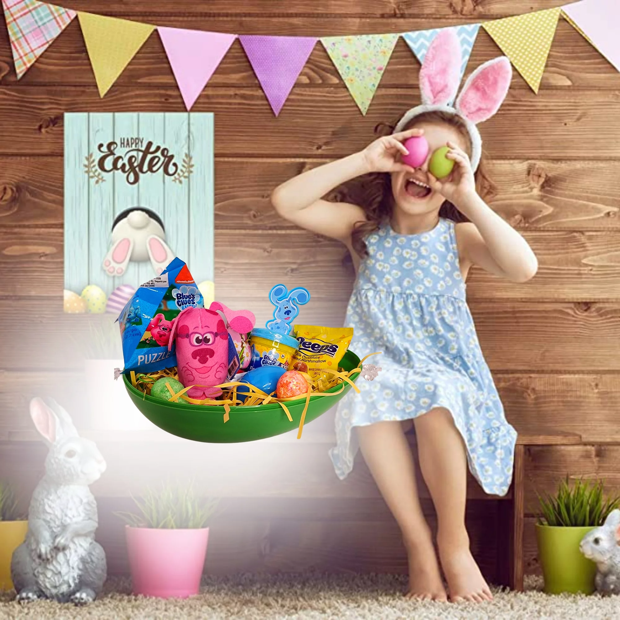 Happy Easter Basket Pre-Filled Surprise Jumbo Egg with Blue's Clues Magenta Plush Toy Kiddy Dough Figure Eggs Candies Gift & Reusable Plastic Egg-Shaped Container Spring Party (Contents May Vary)