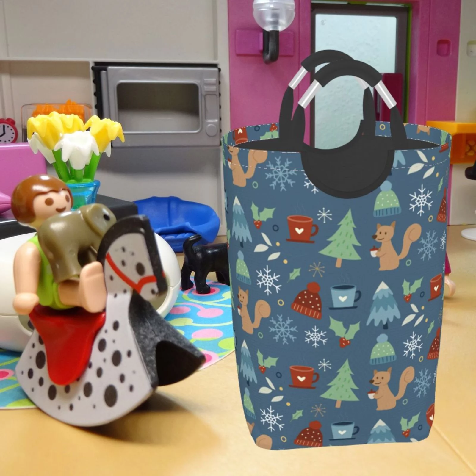 XMXT Collapsible Laundry Basket Hamper, Christmas Squirrel Blue Doodle Large Laundry Bag Clothes Hamper with Aluminum Handle, 50L