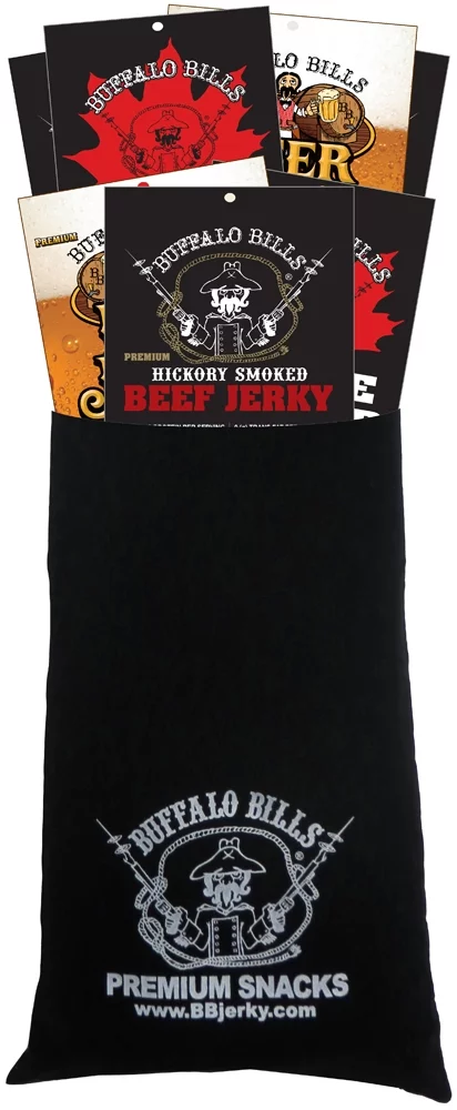 Buffalo Bills 7-Piece Premium Beef Jerky Sampler Black Velour Wine Gift Bag (seven 1.5oz packs)