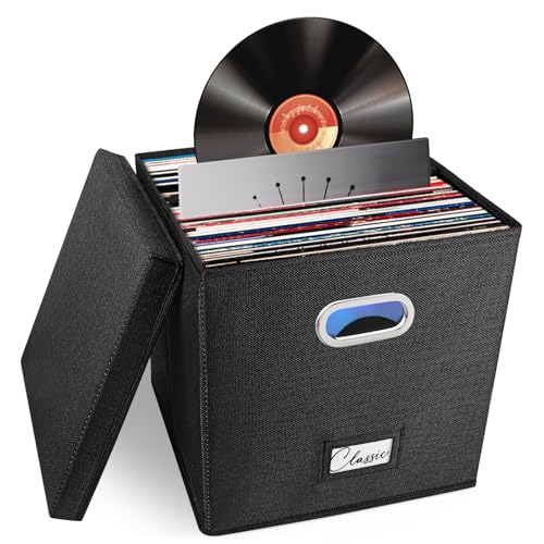 Vinyl Record Storage Box for 50+ Single LPs (12-Inch), Stackable Albums Linen Crate with Lid, Collapsible Play Music Collection Holder, Document File Folder Cabinet Organizer Case with Handle