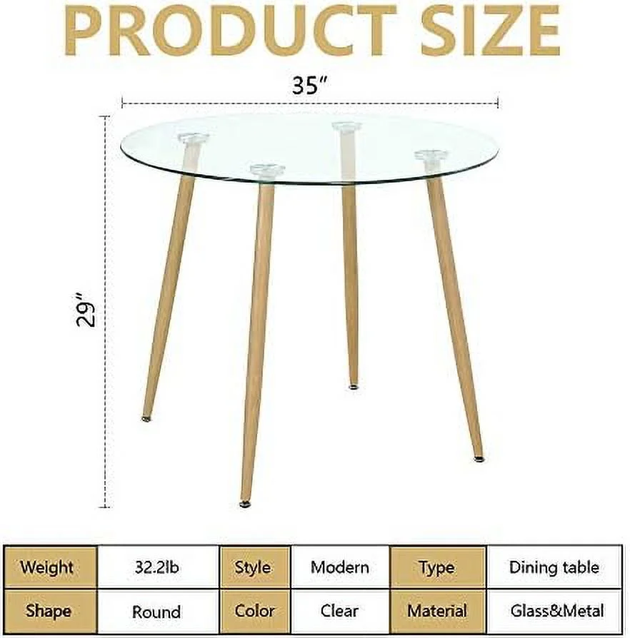 TJUNBOLIFE 5 Pieces Dining Table Set for 4  Round Glass Dining Table and Fabric Chairs with Metal Legs  Modern Table and Chairs for Dining Room and Kitchen