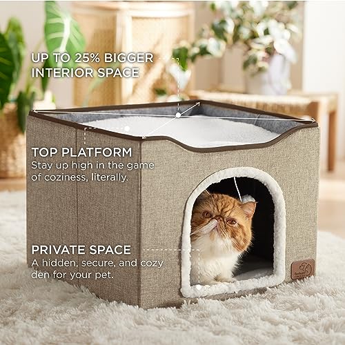 Bedsure Cat Beds for Indoor Cats - Large Cat Cave for Pet Cat House with Fluffy Ball Hanging and Scratch Pad, Foldable Cat Hideaway, 16.5x16.5x13 inches,Red