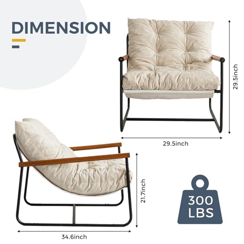 MAXYOYO Accent Chair, Velvet Arm Chair Living Room Chair with Metal Frame, Reading Accent Chair, Modern Bedroom Chair, Boucle Armchair with Wooden Arms, Beige