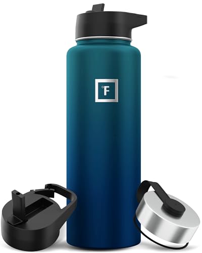 IRON °FLASK Camping & Hiking Hydration Flask with 3 Lids - Stainless Steel, Double Walled & Vacuum Insulated Water Bottle - Leak Proof & BPA Free (Midnight Black, Straw - 40 oz)