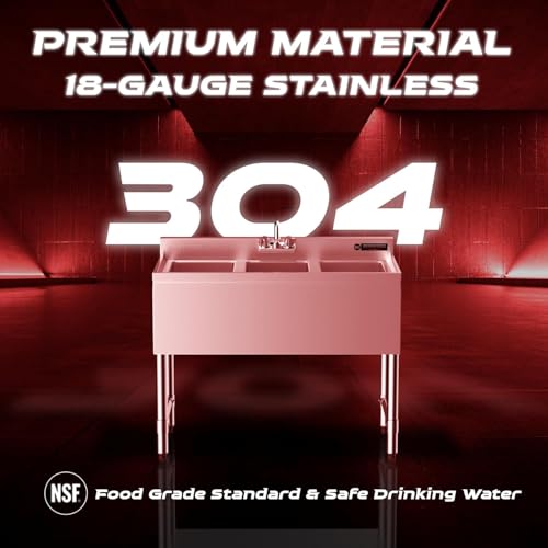 DuraSteel 3 Compartment Under Bar Sink - CEC & NSF 304 Stainless Steel 3 Bay Utility Sink with No Lead Faucet - 60