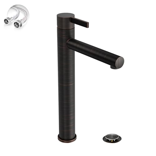 Phiestina Brushed Gold One Hole High Bathroom Vessel Sink Faucet, Single Hole Single Handle Tall Bathroom Faucet, with Pop Up Drain and Water Supply Line,FH01-BG-V