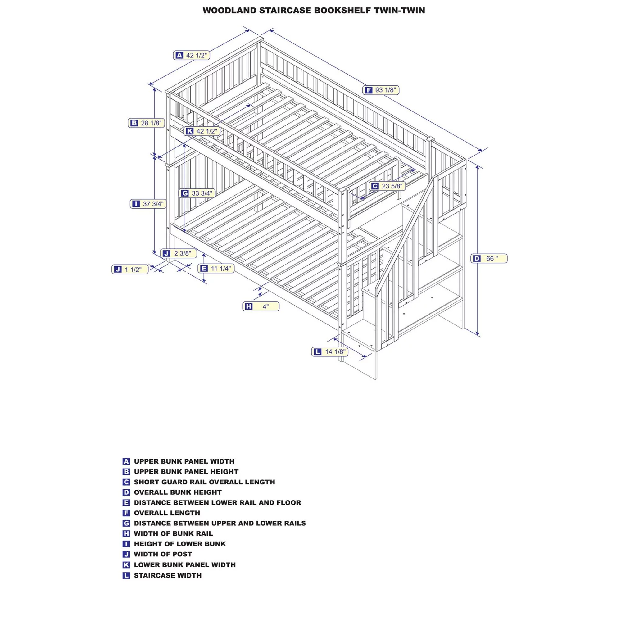 AFI Woodland Twin Over Twin Solid Wood Staircase Bunk Bed in White