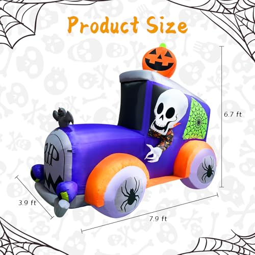 Halloween Inflatables Monster Truck Outdoor Decoration 8ft Giant Car with Skull Skeleton Pumpkin & Spider Decorations Blow Up Halloween Decor for Trick or Treat Halloween Party, Lawn, Garden, Porch