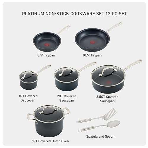 T-fal Signature Nonstick Cookware Set 12 Piece Oven Safe 350F Pots and Pans, Dishwasher Safe Black