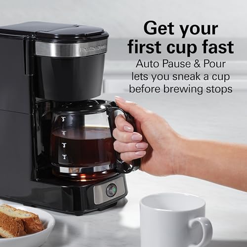 Hamilton Beach 5 Cup Drip Coffee Maker with Easy FrontFill Basket, Compact Design, Programmable Clock, Glass Carafe, Auto Pause and Pour, Black & Stainless Steel (46111)
