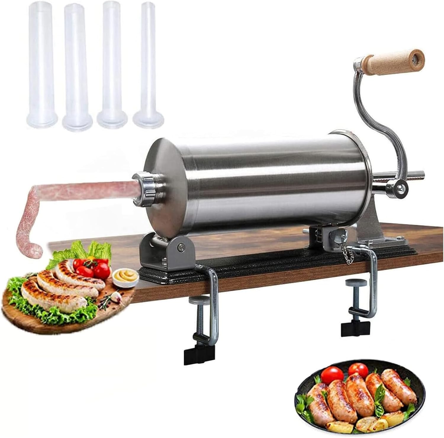 Sausage Stuffer Machine, 6LBS/3L Stainless Steel Horizontal Sausage Stuffer Maker Manual Sausage Filler with 4 Filling Tubes, for Commercial or Home Use