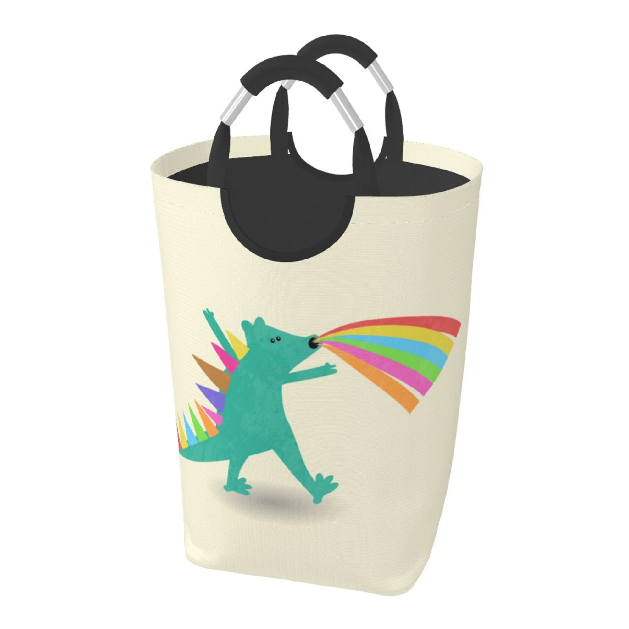 TEQUAN 50L Large Rectangular Laundry Hamper with Aluminum Handles, Funny Beast Dinosaur Prints Waterproof Foldable Dirty Clothes Basket