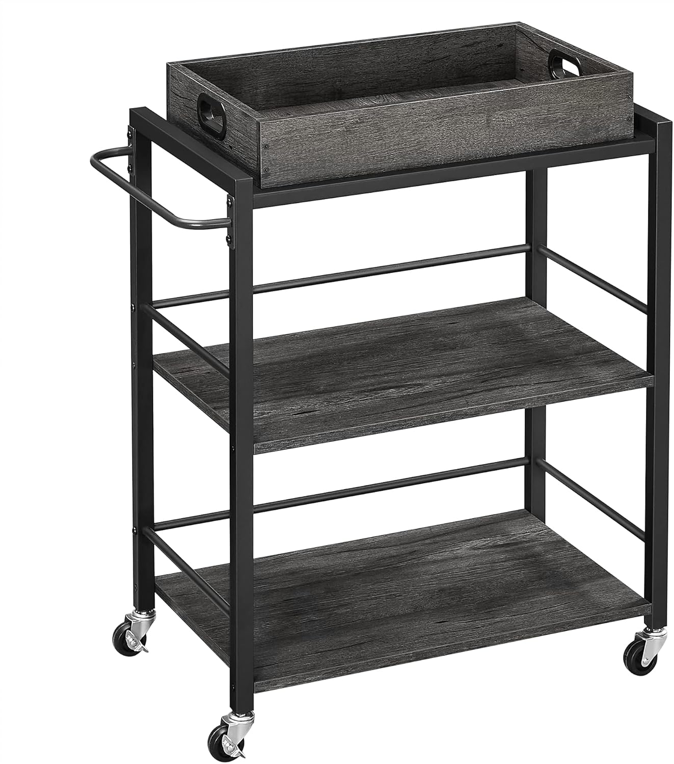 VASAGLE ALINRU Kitchen Serving Cart with Removable Tray, 3-Tier Kitchen Utility Cart on Wheels with Storage, Universal Casters with Brakes, Leveling Feet, Greige and Black ULRC072B02